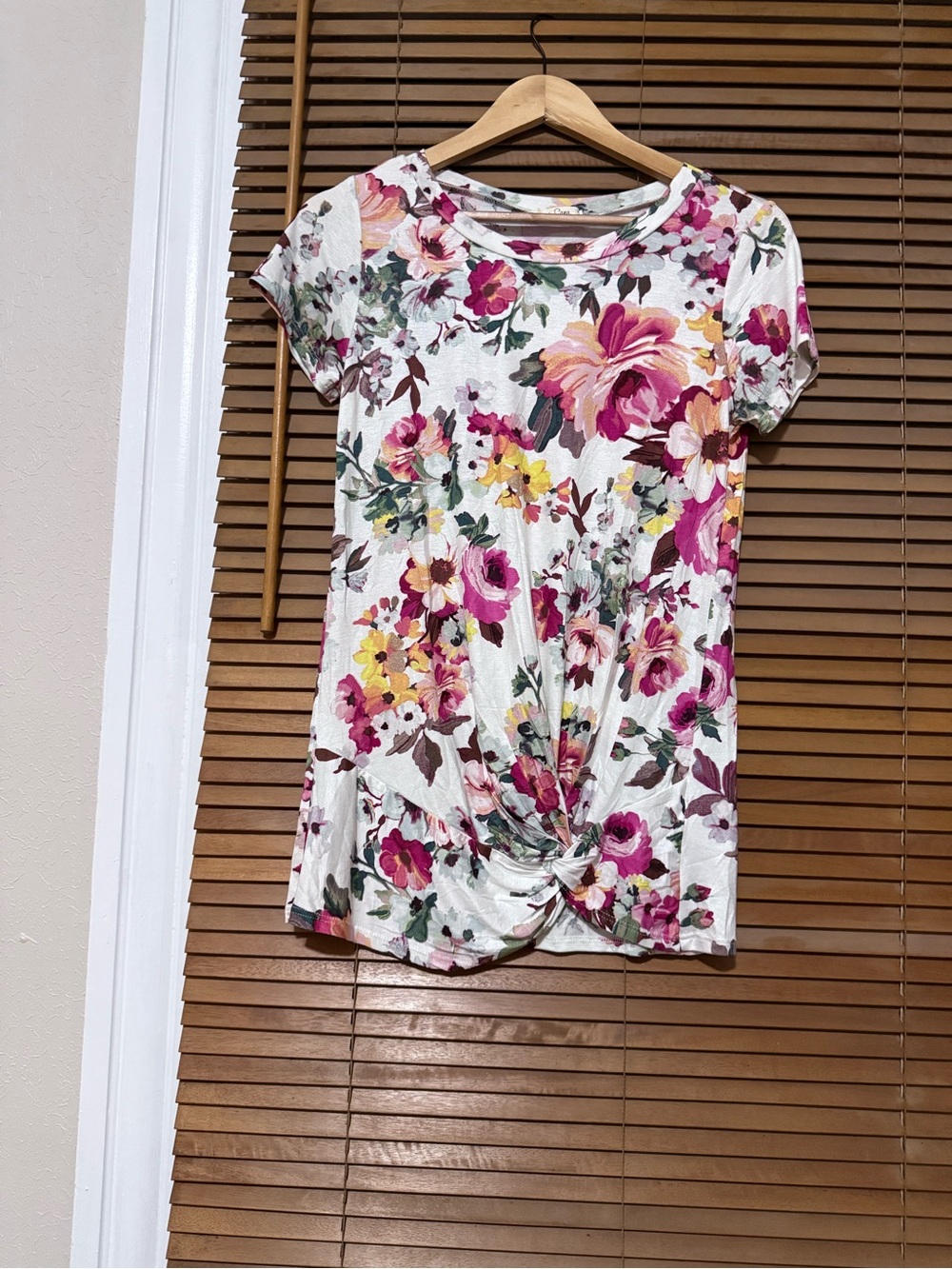 Floral Knot-Front Short Sleeve Top - White with Pink & Yellow Flowers